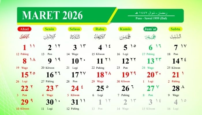 Kalender Jawa 2 Maret 2026, Cek Weton Senin Pon dan Karakternya