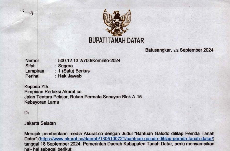 Hak Jawab atas Berita Bantuan Galodo Ditilap Pemda Tanah Datar