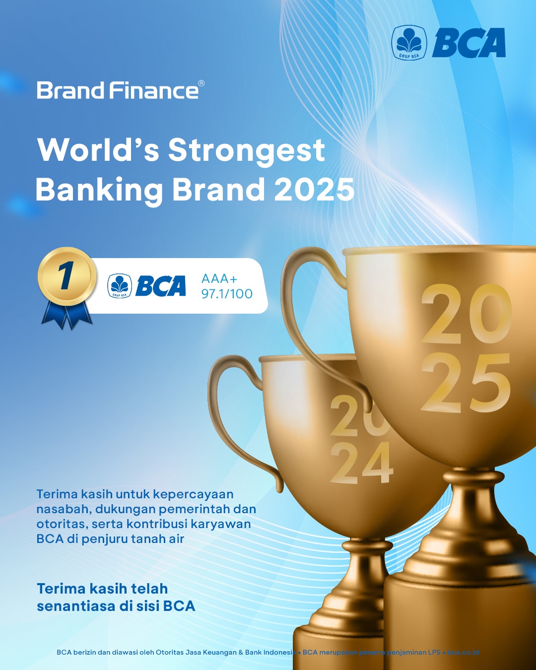 BCA Pertahankan Gelar World's Strongest Banking Brand dari Brand Finance