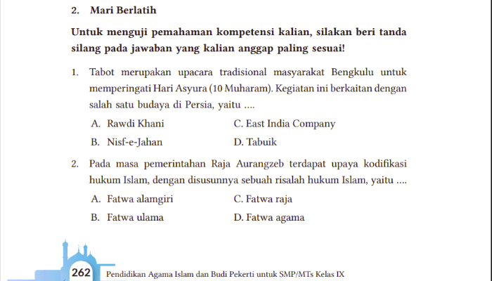Kunci Jawaban PAI Kelas 9 Halaman 262 Kurikulum Merdeka Bab 10: Mari Berlatih