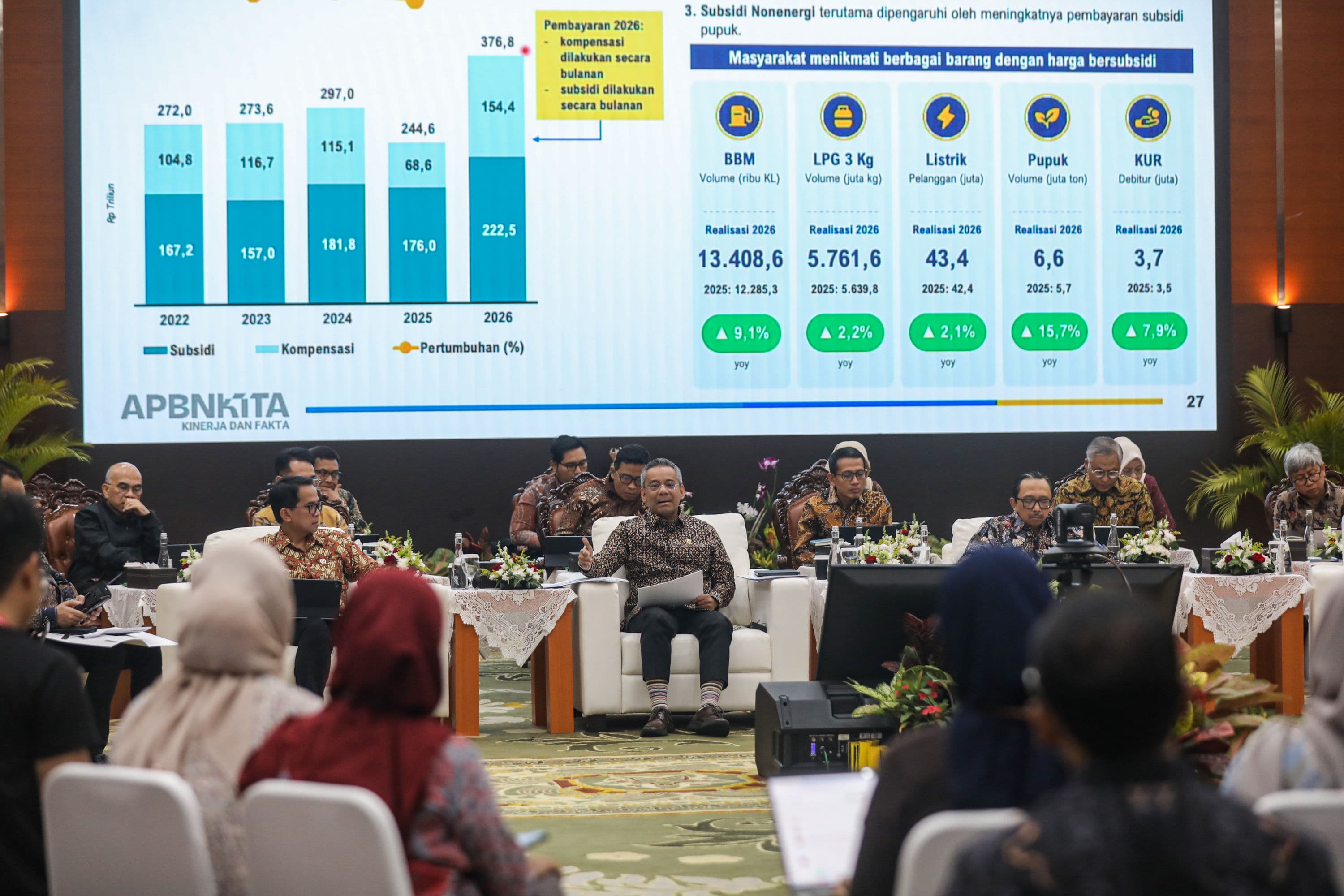 Menteri Keuangan Suahasil Nazara (kedua kiri) didampingi Wakil Menteri Keuangan Nurkholisoh Ibnu Aman (kiri), Juda Agung (kedua kanan), dan Luky Alfirman (kanan) bersiap menyampaikan konferensi pers APBN KiTa edisi Oktober 2026 di Jakarta, Jumat (9/10/2026). AKURAT.CO/Endra Prakoso
