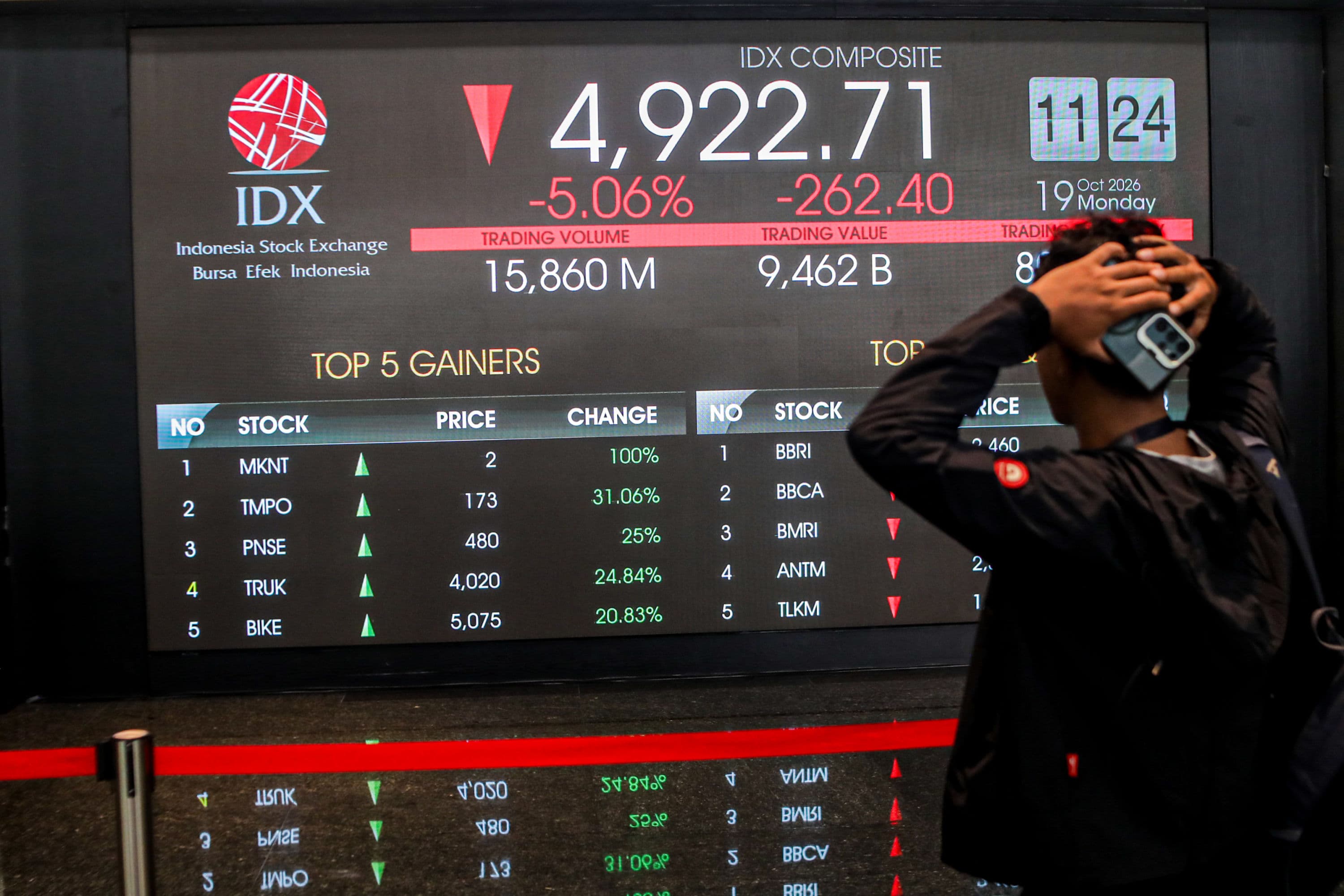 Layar yang menampilkan pergerakan Indeks harga saham gabungan (IHSG) Bursa Efek Indonesia (BEI) di Jakarta, Senin (19/10/2026). AKURAT.CO/Endra Prakoso