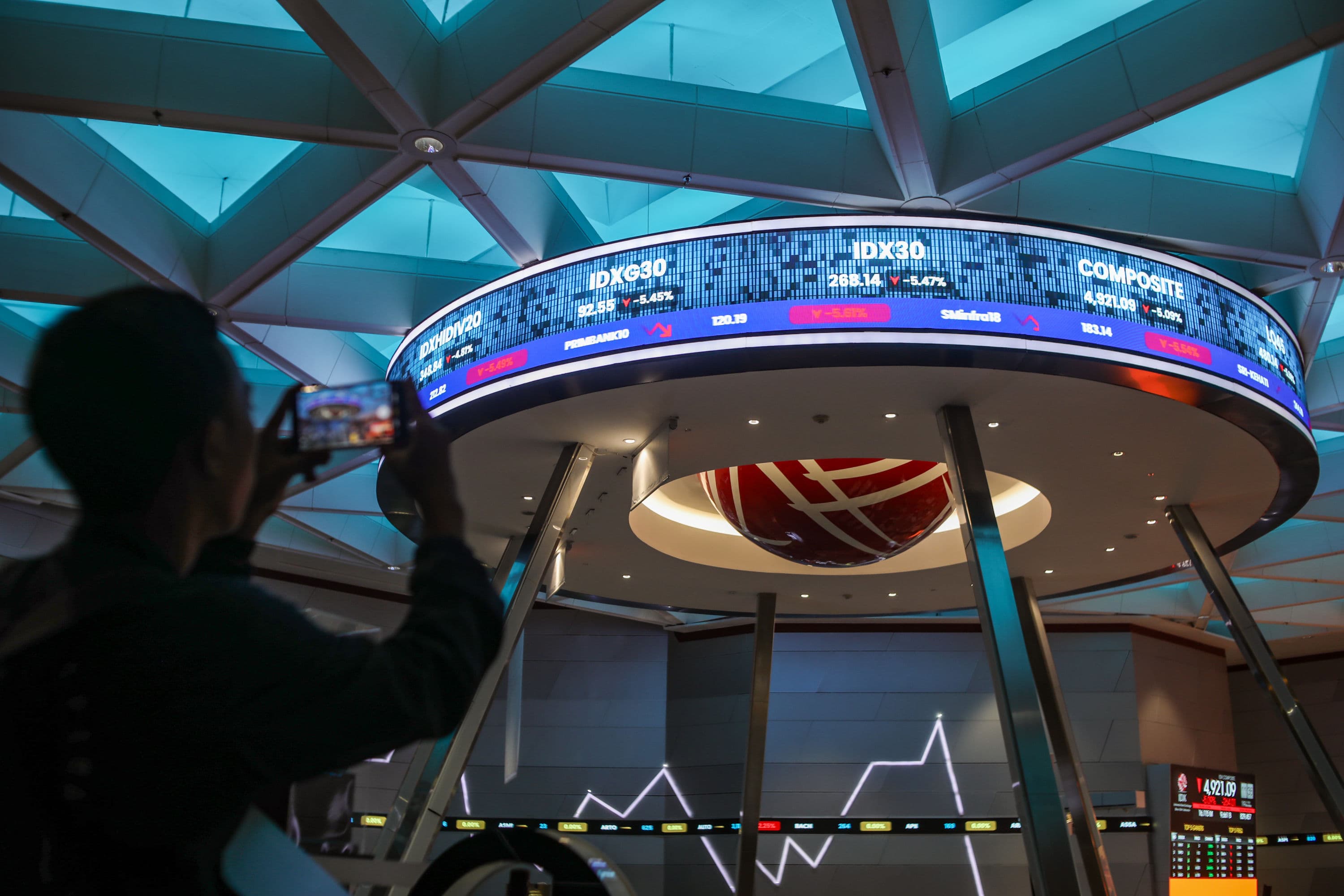 Layar yang menampilkan pergerakan Indeks harga saham gabungan (IHSG) Bursa Efek Indonesia (BEI) di Jakarta, Senin (19/10/2026). AKURAT.CO/Endra Prakoso