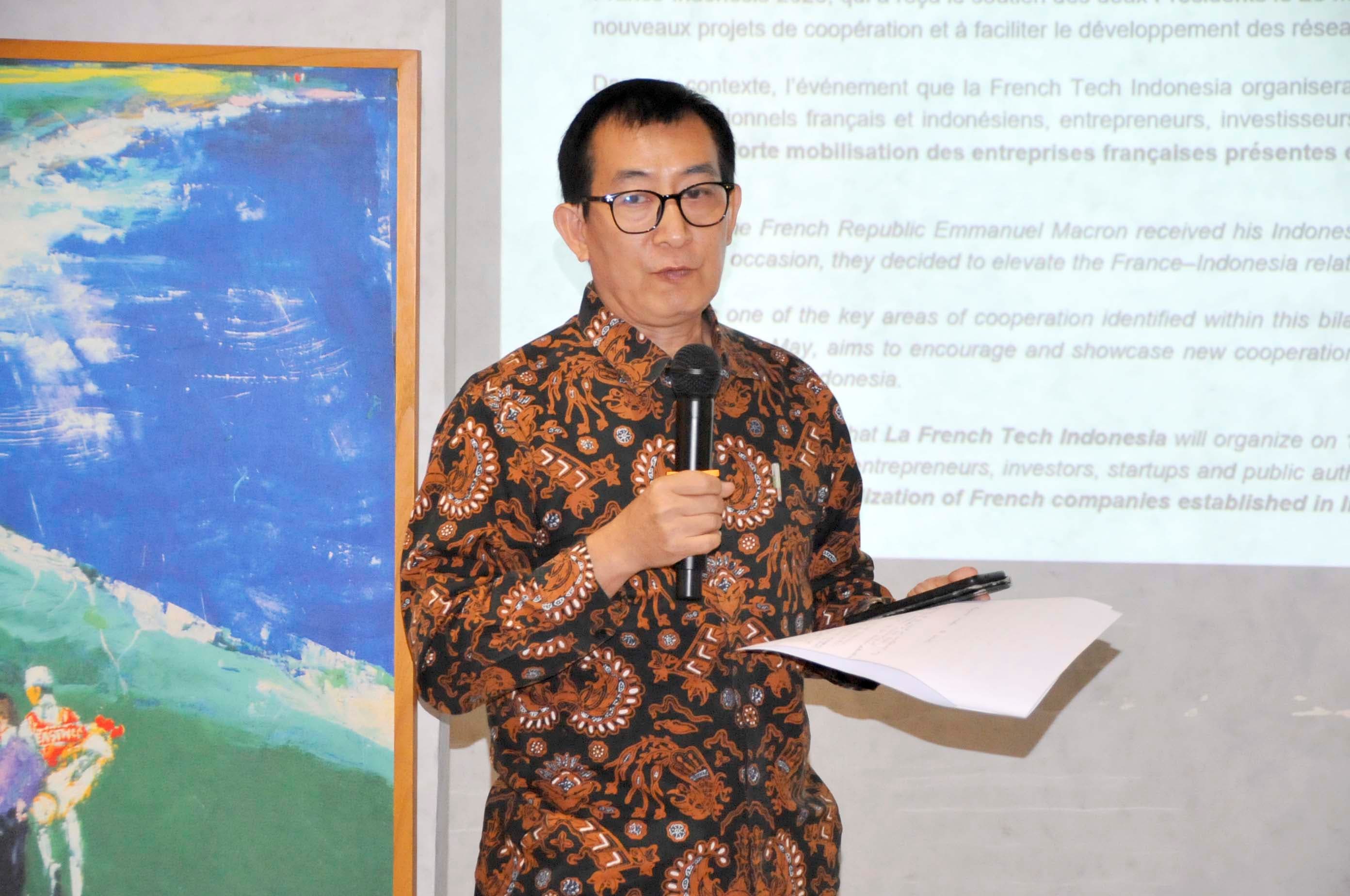  Business Strategy Partner Business.Lounge Journal Suwandi Kusuma memberikan penjelasan saat konferensi pers persiapan Innovation Summit – La French Tech di Jakarta, Selasa (27/10/2026). AKURAT.CO/Sopian