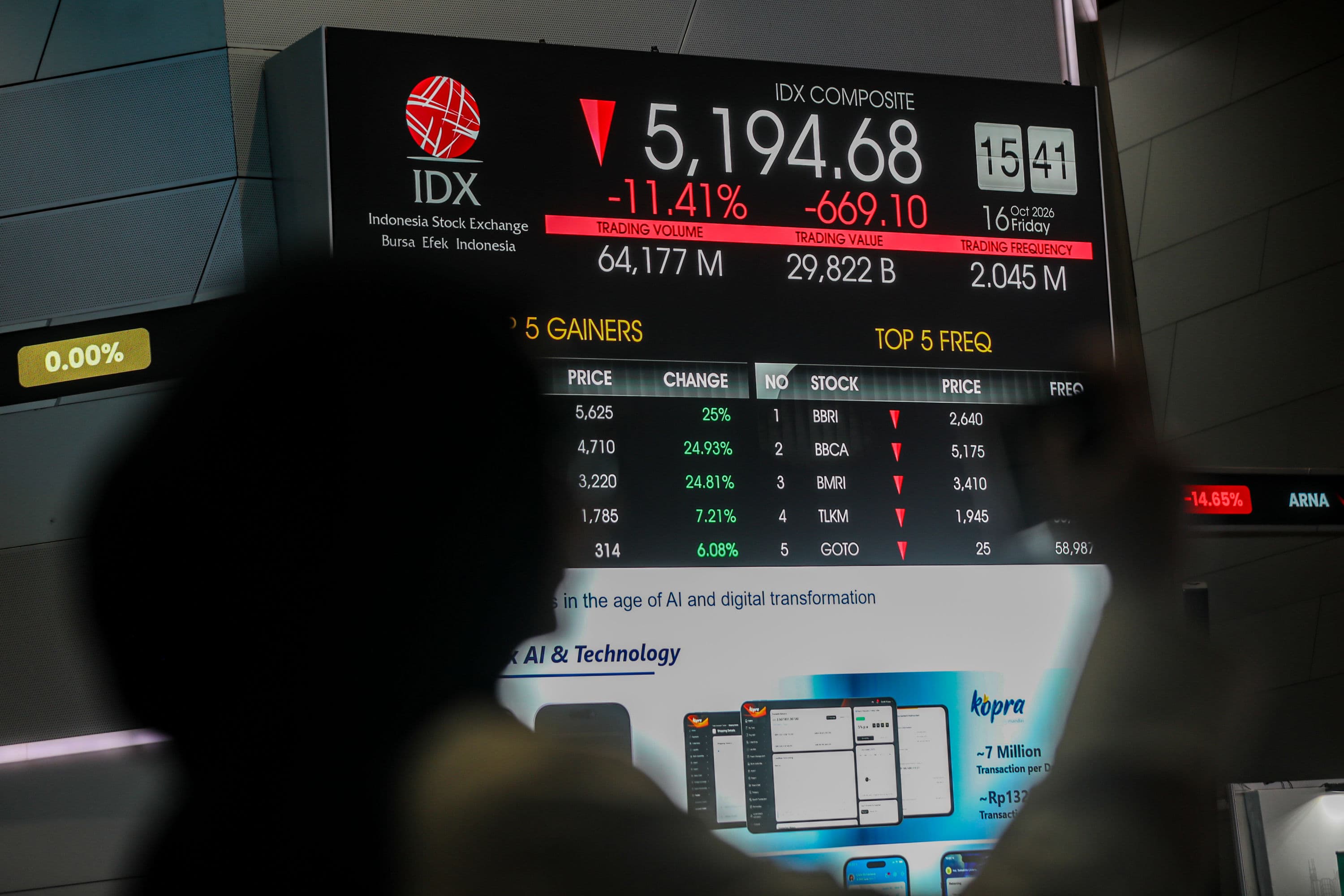 Pengunjung mengamati layar Indeks Harga Saham Gabungan (IHSG) di Bursa Efek Indonesia (BEI), Jakarta, Jumat (16/10/2026). AKURAT.CO/Endra Prakosoco