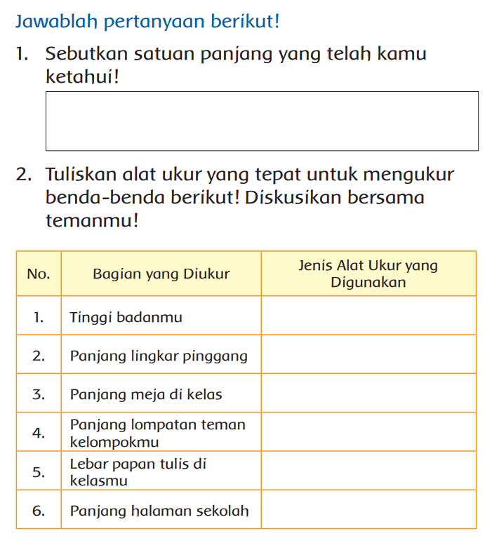 Kunci Jawaban Tema 3 Kelas 3 SD Halaman 30 Panduan Diskusi Alat Ukur Panjang