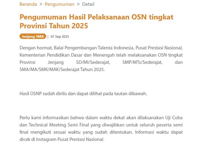 Link dan Cara Cek Pengumuman OSN-P 2025 untuk Jenjang SD, SMP, hingga SMA